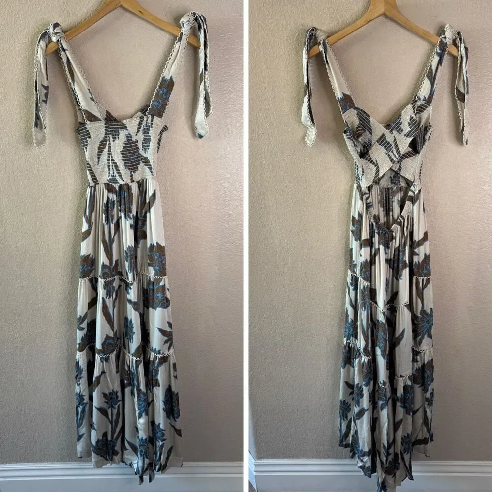 NEW Omika Lana Maxi Dress Women Large Ivory Brown Floral Print Smocked Crossback